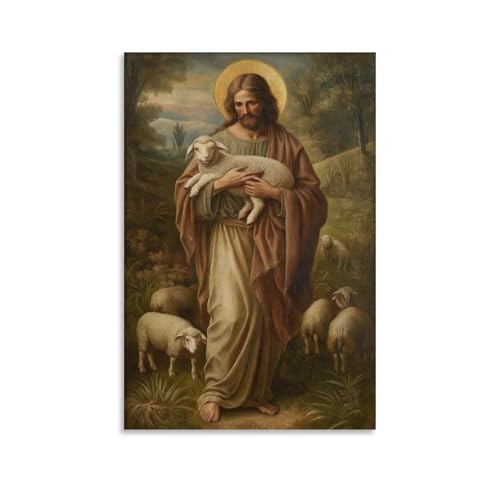 MAIHAIBAO Jesus and The Lamb of God Canvas Wall Art - Leonardo Da Vinci Famous Religious Painting Poster - Vintage Christian & Catholic Aesthetic Decor for Home & Church - 12x18 Inch (Unframed)
