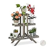 Relaxdays Blumentreppe aus Holz, 3 Stufen mit 5 Ablagen, Shabby Chic, innen, HBT: 83 x 83 x 28 cm, Blumenregal, grau 10026331_111