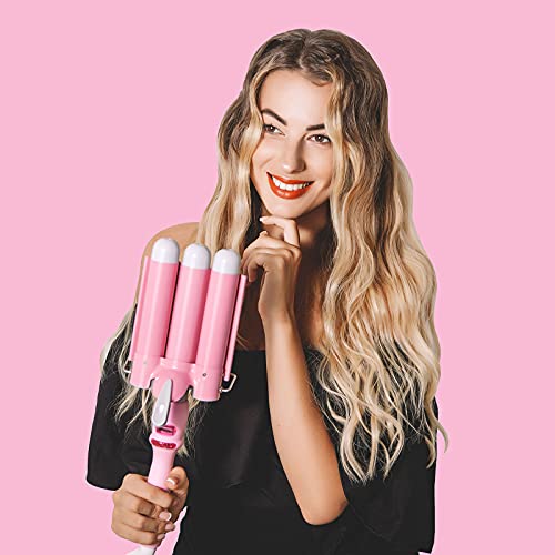 3 Barrel Curling Iron Wand Dual Voltage Hair Crimper with LCD Temp Display - Triple Barrels Temperature Adjustable Portable Hair Waver Heats Up Quickly (1.1 Inch, Pink)