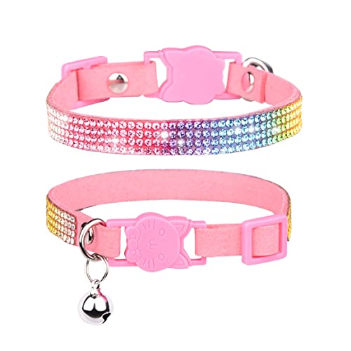 Collar para gato con campanas y portador Airtag rosa, pack de 2 con cristales 7
