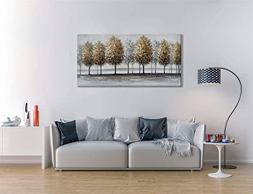 Alenoss Modern Abstract Oil Painting On Canvas 3D Hand-Painted Metal Luster Tree Paintings Acrylic Large Wall Art Gold Foil Forest Artwork 24X48 Inches #TOP4