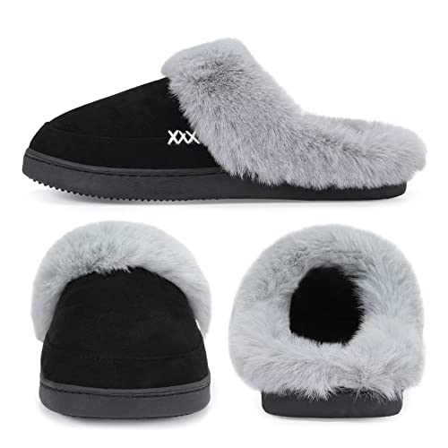 Ninecifun Women's And Men's Suede House Slippers Slip On Fuzzy Slippers With Faux Fur Lining Indoor Outdoor Home Shoes With Rubber Sole Black (Women's Size 7-8,Men's Size 5-6) #TOP2