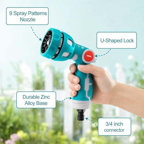 Image of TOTAL 9 Pattern Water Spray Gun Nozzle for Garden Hose with 3 /4 Inch Connector, Heavy Duty Zinc Alloy Water Gun with Rubber Grip & U-Shaped Lock for Car Wash, Gardening & Cleaning