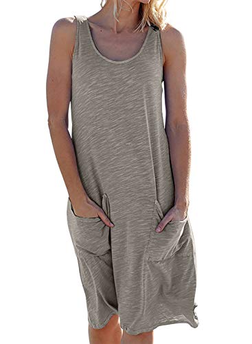 Dokotoo Women Summer Casual Scoop Neck Sleeveless T Shirt Dresses Beach Cover Up Plain Solid Knee Length Tunic Tank Dress with Pockets Grey Large