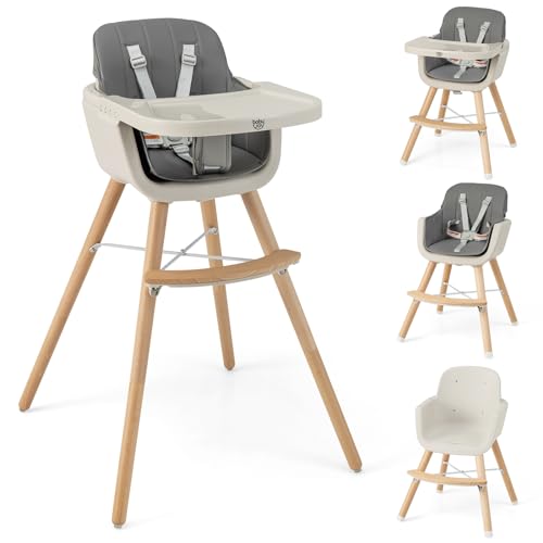 Image of BABY JOY Baby High Chair, 3-in-1 Convertible Wooden Highchair for Babies & Toddlers, Infant Feeding Chair w/ 5-Point Safety Harness, Footrest, Adjustable Legs, Removable Tray & PU Cushion (Dark Gray)
