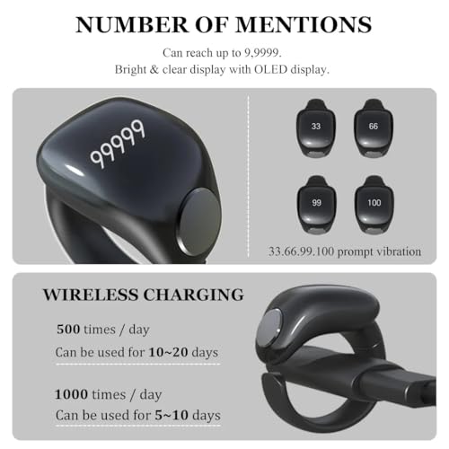 خاتم الذكر الرقمي الذكي الاكثر مبيعا، للتسبيح، شاشة اوليد، شحن مغناطيسي، مقاس 20 و22 ملم، اسود