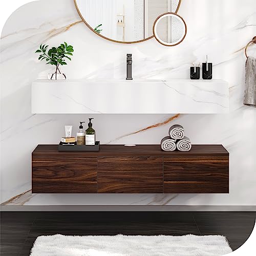 Hernest Floating Vanity Bathroom 48 Inch Wall Mounted Bathroom Storage Cabinet Integrated Set With Rock Panel Countertop, Ceramic Basin Sink And 3 Drawers For Washroom, Brown #TOP2