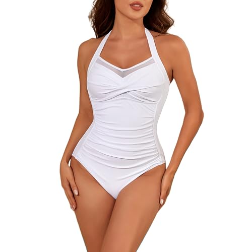 Generico Monokini - Bañador de una pieza para mujer, con control de barriga, sin espalda, moldeador con halter acolchado, monokini, playa, piscina y playa, sexy traje de una pieza, Color blanco., M