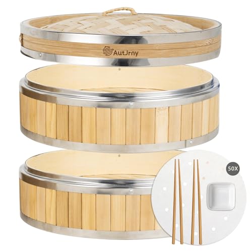 AutJrny 11.8-Inch Vertical Bamboo Steamer Basket, 2-Tier with Stainless Steel Rings | 50 Liners, Sauce Dish & 2-Chopsticks | Cooking Pot for Buns Dumplings Rice Vegetables Dim Sum