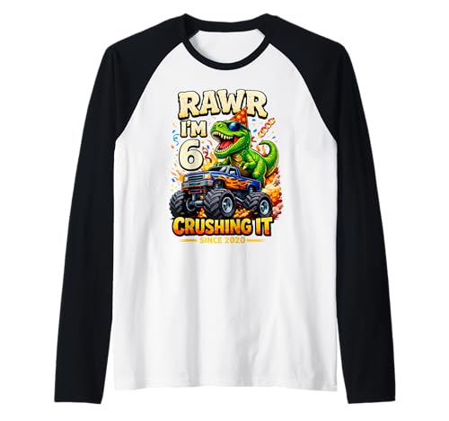 6th Birthday Monster Truck Dinosaur 6 Years Old Birthday Boy Raglan Baseball Tee