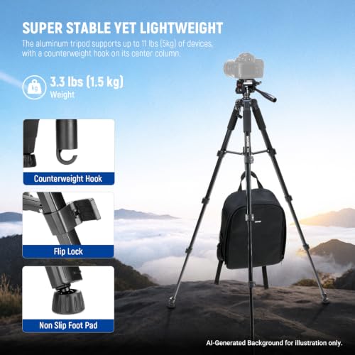 Image of NEEWER BASICS Camera Tripod, 71'' Tripod with Cell Phone Holder Mount Compatible with iPhone for Video Recording, Professional Aluminum Lightweight Portable Travel Stand with 3 Way Pan Tilt Head, TP55