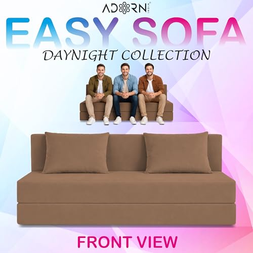 Image of Adorn India Easy 3 Seater Sofa Cum Bed | Velvet Fabric | Camel | Plain Design | 6x5 Ft | Comfortable Seating | Washable Cover | Perfect for Home & Office