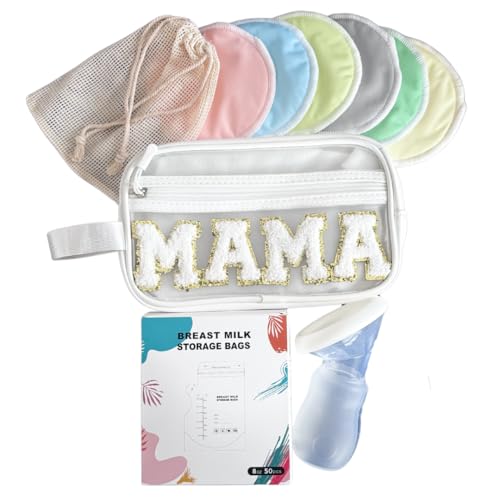 Image of Breastfeeding Essentials Kit: Bamboo Breast Milk Pads, Silicone Manual Breast Pump, Storage Bags & Cosmetic Bag - Gift Set for New Mothers, New Mom Gift