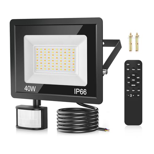 Faretto LED da Esterno con Sensore di Movimento 40W, 84 Led 3000K/4000K/6500K IP66 Impermeabile Faretti LED da Esterno con Telecomando, 3600LM Luci Faretto LED Interno ed Esterno per Giardino, Cortile
