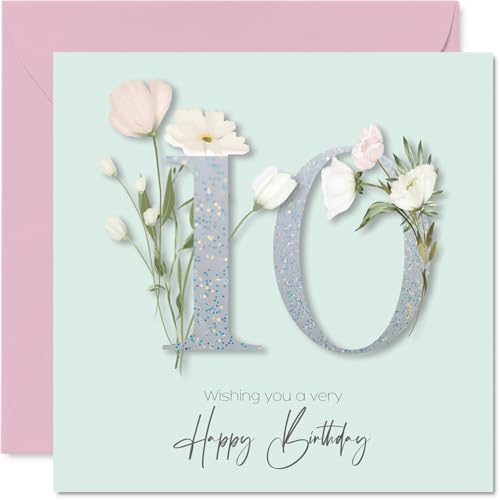 10th Birthday Cards for Girls - Fancy Floral Flowers - Happy Birthday Card for 10 Year Old Girl Cousin Sister Step Daughter Niece, 145mm Bday Greeting Cards