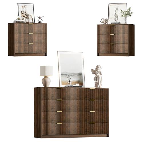 Image of Furniway 3 Piece Bedroom Set, 8 Drawer Dresser and 3-Drawer Nightstand Set of 2 with Gold Handles, Mid-Century Modern Wood Chest of Drawers Storage Cabinet for Bedroom, Walnut