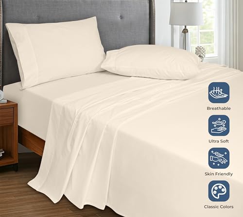 Image of Royale Linens 100% Organic Cotton Full Flat Sheet Only - Super Soft - Percale Top Sheets - Full Flat Sheet Sold Separately - Breathable, Cool & Crisp White Sheets Only (81 inch x 96 inch, Cream)
