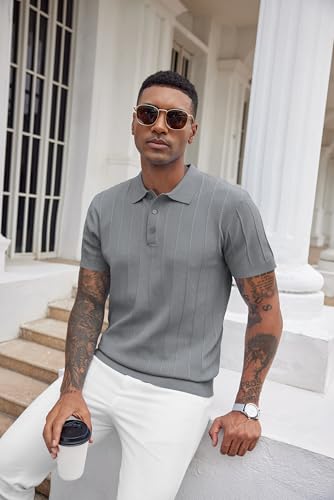 Image of COOFANDY Mens Knit Polo Shirts Short Sleeve Ribbed Textured Polo Shirt Lightweight Casual Golf Shirts Collared T Shirt