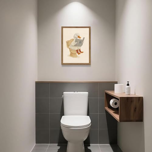 Image of Framed Duck Bathroom Wall Art, Whimsical Duck Reading on Toilet, Funny Kids Bathroom Wall Decor, Vintage Farmhouse Toilet Decor, Cute Animal Canvas Print for kids Room 16x24 inch