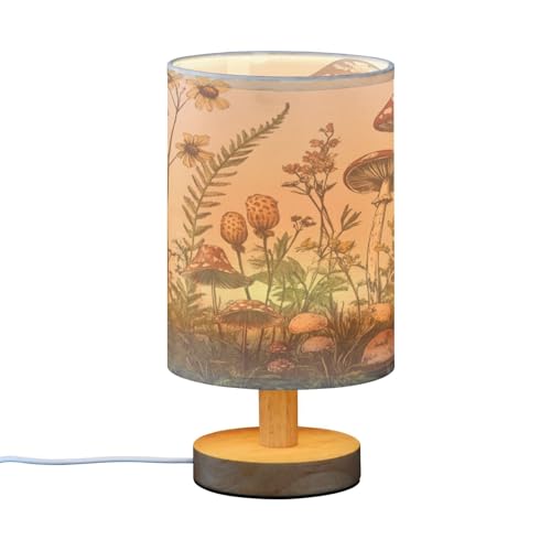 Ewusp Lámpara de mesa de noche con forma de hongo para dormitorio, lámpara LED de mesita de noche con puertos de carga USB, pantalla de tela y base de madera para escritorio, sala de estar, guardería - imagen 2