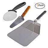 Encheng Stainless Steel Pizza Peel With Rubber Handle And Pizza Cutter Wheel & Pizza Shovel For Serving Food, 3 Pack Grilling Set Pizza Kit,11.45inch x 21inch（With Folding Handle）Kitchenware Set