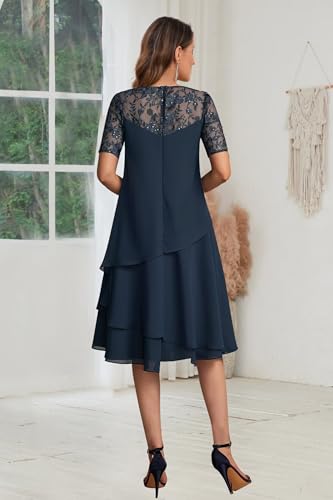 Scoop Illusion Chiffon Mother of The Bride Dresses Lace Applique Knee-Length Formal Dress3