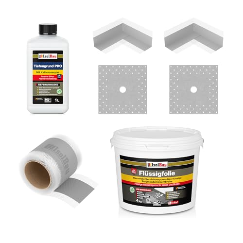 ISOLBAU Kit de joints d'étanchéité pour douche, salle de bain, cuisine - Film liquide 4 kg, 2 angles intérieurs, 2 manchettes murales, bande d’étanchéité de 5 m, couche de fond PRO 1 litre
