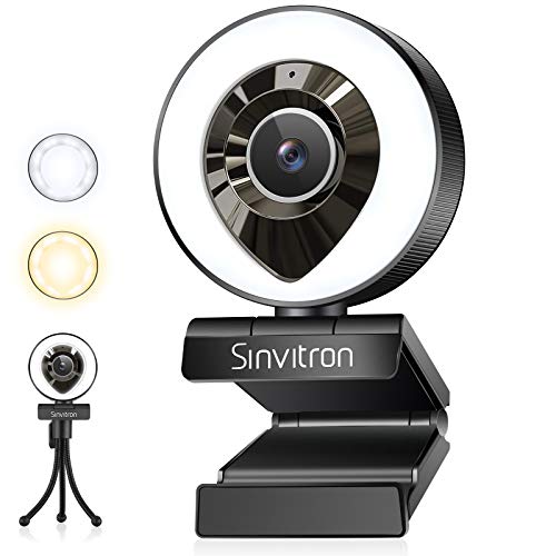 Webcam with Microphone, Sinvitron HD Webcam with Light, 3 Level Adjustable Brightness, 1080P HD Plug and Play USB Webcam with Microphone and Tripod for Desktop, MAC, Zoom, Skype, YouTube