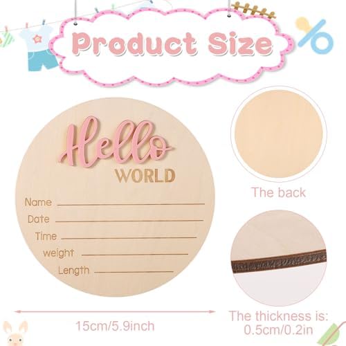 NQEUEPN Newborn Announcement Sign, 5.9in Wooden Hello World Sign, Baby Welcome, Birth Baby Name Plaques, Light Pink