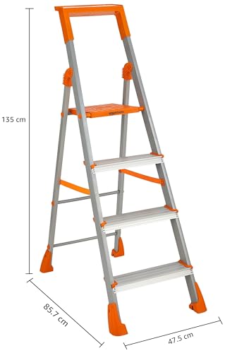 Image of Amazon Basics Clamber Pro+ - Foldable Step Ladder with Tool Tray, Firm Grip, 4 Steps (Aluminium Steps, Orange & Satin)