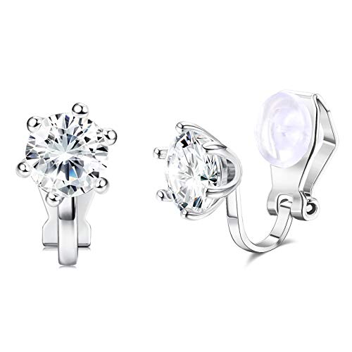 Sllaiss 925 Sterling Silver 8mm Ear Clip Swarovski Crystals Clip-On Stud Earrings 6 Prong Round Cut Clip-ons Earrings Non Pierced Earrings for Women