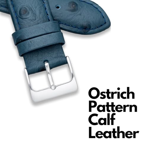 Ostrich Pattern Calf Leather Watch Strap | 20mm Blue | Gold and Silver Buckles | Exotic Luxury Vintage Band | Men and Ladies Watchstrap | Spring Bars and Tool Included (Blue, 20mm)