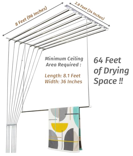 Image of Synergy - 8 Pipes x 8 Feet - Heavy Duty - Stainless Steel Ceiling Cloth Dryer for Balcony | Cloth Drying Rope with Pulley | Cloth Hanging Stand | Clothes Drying Stand Wall Mounted - (SY-CL5-8P)