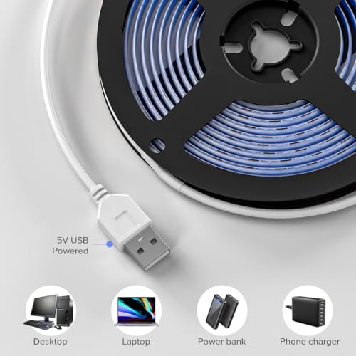 Image of 6.56FT /2M 5V USB LED Light Strip Blue Flexible High Density COB Strips 640LEDs, 8mm LED Tape for Under Cabinet Bedroom No Controller and Power