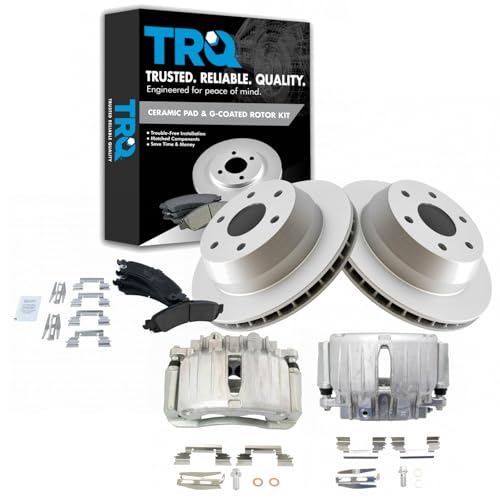Image of TRQ Rear Brake Pad & Rotor Ceramic G Coated Vented Rotors Calipers Compatible with 2000-2006 Chevrolet Suburban Tahoe Silverado Avalanche GMC Yukon XL Sierra 1500 2002-2006 Cadillac Escalade EXT ESV