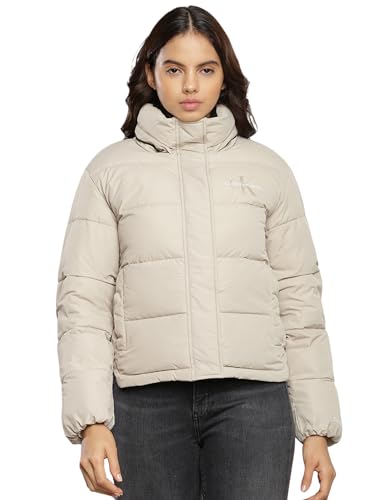Calvin Klein Jeans Damen Jacke Monologo Short Puffer Winterjacke, Beige...