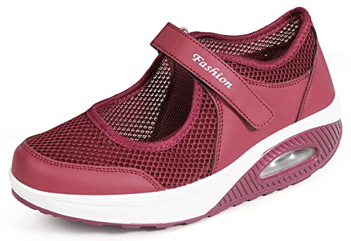 Sandales Femme Mailles Chaussures de Fitness Baskets Mode Compensées Mary Janes pour Femme Espadrilles Chaussures de Sport Eté E-Rouge EU 39 Cover