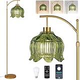 QIYIZM Green Floor Lamp for Living Room,Bedroom,Gold Dimmable Standing Lamp with Remote,Mid Century Modern Brass Tall Lamp Boho Floor Lamps Arc Vintage Glass Flower Floor Light Lamp Girls Bohemian