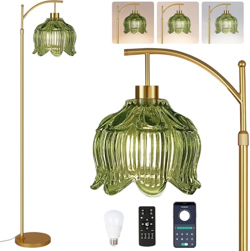 Image of QIYIZM Glass Floor Lamp for Living Room,Bedroom,Gold Dimmable Standing Lamp with Remote,Mid Century Modern Brass Tall Lamp Boho Vintage Floor Lamps Arc Green Tulip Flower Floor Light Lamp Bohemian