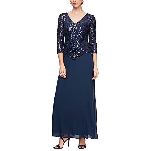 Alex Evenings Women's Long Lace Mock Dress (Petite and Regular Sizes), Bright Navy Sequin, 6