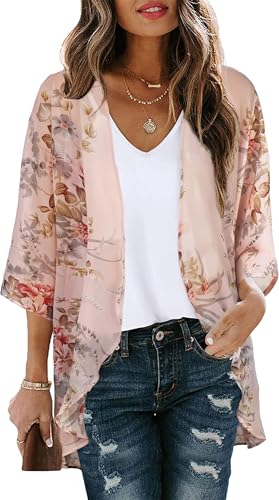 Gosunny Damen Tops Floral Bedruckte Sommer Offene Vorderseite Strickjacke Strand Kimono(Blume Rosa L)