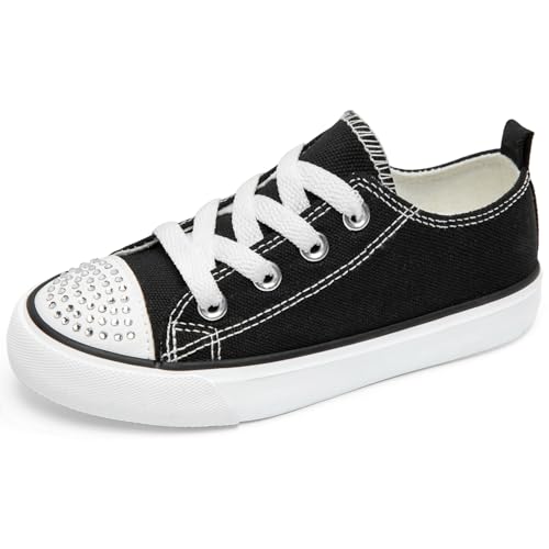 Toandon Little Kids Sneakers Boys Girls Walking Shoes Lace Up Low Top Glimmer Sparkle Diamond Rivet Lightweight Non-Slip Outdoor Solid Black Size 2