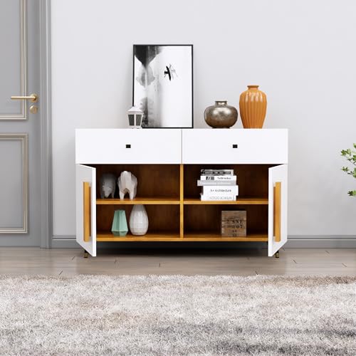 Image of Bniture Storage Cabinet Wooden for Living Room Sideboard with 2 Drawer and 2 Door | Storage Organizer Chest of Drawer Cabinet for Home Hallway Drawing Room Bedroom Kitchen | Giant Wood & Frosty White