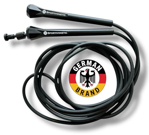 SPORTIVONETIC® Springseil für Erwachsene & Kinder, Damen & Herren-für Fitness, Crossfit, Sport, Boxen und Freizeit - Verstellbare Größe - mit Einstellklammer - Speed Rope, Jump Rope (Schwarz)