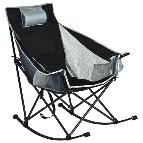 SUNNYFEEL Rocking Camping Chair, Luxury Padded Recliner, Oversized Folding Lawn Chair with Pocket, Heavy Duty for Outdoor/Picnic/Lounge/Patio, Portable Camp Rocker Chairs with Carry Bag Blac