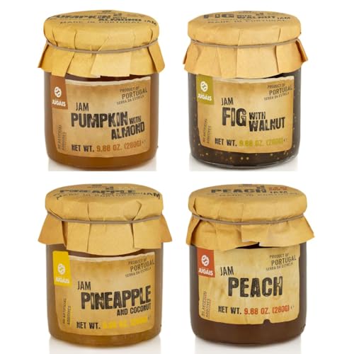 Selección de variedades de mermelada – Paquete de 4 tarros de 280 g – Sabores únicos: calabaza y almendra, higo y nuez, piña y coco, melocotón – Libre de ingredientes artificiales