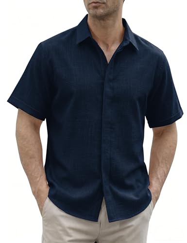 Image of Gavliuu Men's Shirt Short Sleeve - Hidden Buttons, 70% Rayon,30% Linen,Navy Blue,XL
