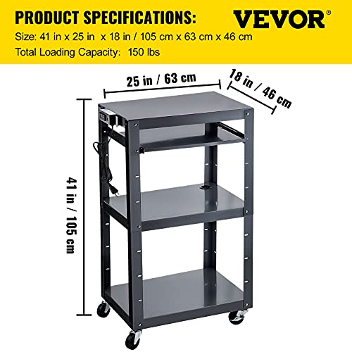 Vevor Steel Av Cart, 27-41" Height Adjustable Media Cart With 19" X 14" Retracting Keyboard Tray, 24" X 18" Presentation Cart With 3 Shelves, 150 Lbs Weight Capacity Suitable For Office And School #TOP6