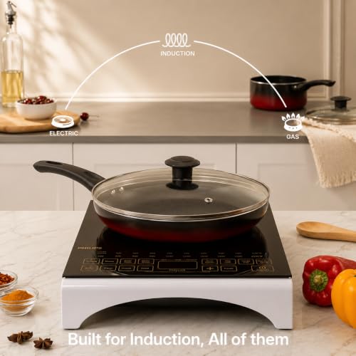 Image of Kreme Aura Granite Non Stick Cookware Set 10pcs | Aluminium Cookware Set | Fry Pan 20cm, 26cm, Sauce Pan 16cm, 18cm, Casserole Pot 20cm with 3 Glass Lid | Induction & Gas Compatible, Red | Granite Cookware Set