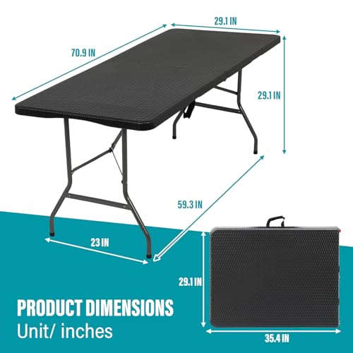 Image of FDW Folding Table Half Portable Foldable Table for Parties Backyard Events (Black Ratten, 6 FT)